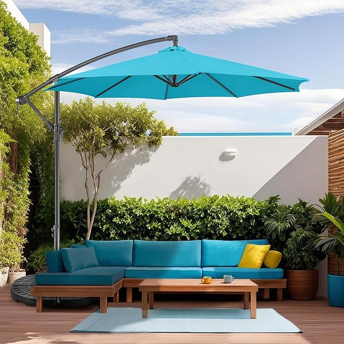 FLAME&SHADE 10ft Cantilever Patio Umbrella Outdoor, Large Offset Umbrella with Crank and Cross Base, UPF 50+ UV Protection Hanging Umbrella for Pool Deck Garden, Aqua Blue
