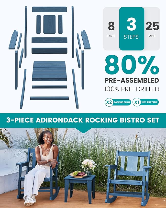 SERWALL 3 Piece Patio Rocking Bistro Set, Outdoor Bistro Set with Side Table, All Weather Outdoor Rocking Chair Set for Garden, Balcony, Backyard, and Porch- Blue