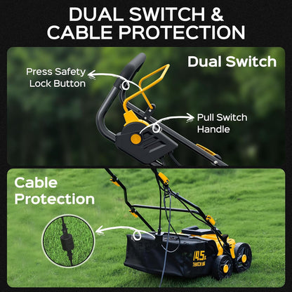16-Inch 15.5 Amp 2-in-1 Electric Dethatcher and Scarifier, Lawn Dethatcher Rake with 14.5-Gallon Removable Thatch Bag, 5-Position Adiustment, Quick-Fold, Keeps Lawn Healthy - Yellow