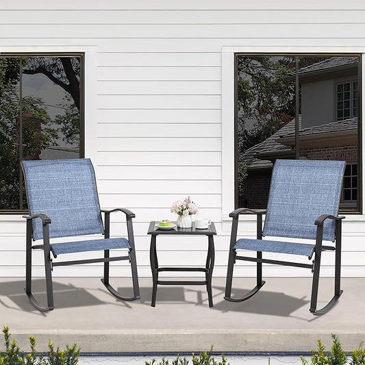 Shintenchi Rocking Chair Outdoor with Table, 3 Piece Rocking Patio Bistro Set, Outdoor Furniture Set with Metal Frame and Textilene Fabric for Small Space, Dark Blue