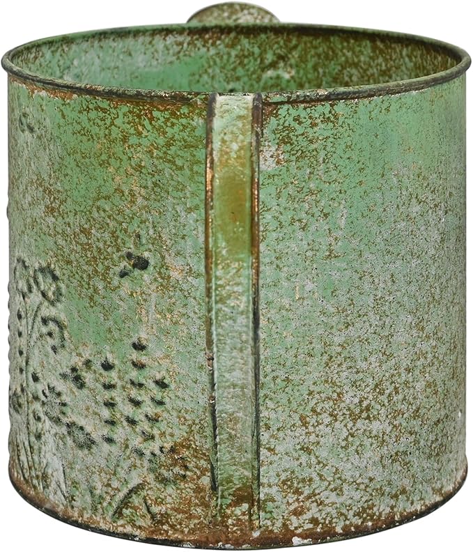 Vintage Metal Watering Can Planter with Embossed Floral - Distressed Green Decorative Watering Pot for Indoor/Outdoor Flowers, Succulents & Herbs, Rustic Home Decor Accent