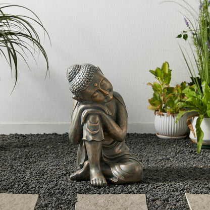 Glitzhome MGO Faux Bronze Resting Buddha Garden Statue Indoor and Outdoor Sculpture Decoration, 18" H