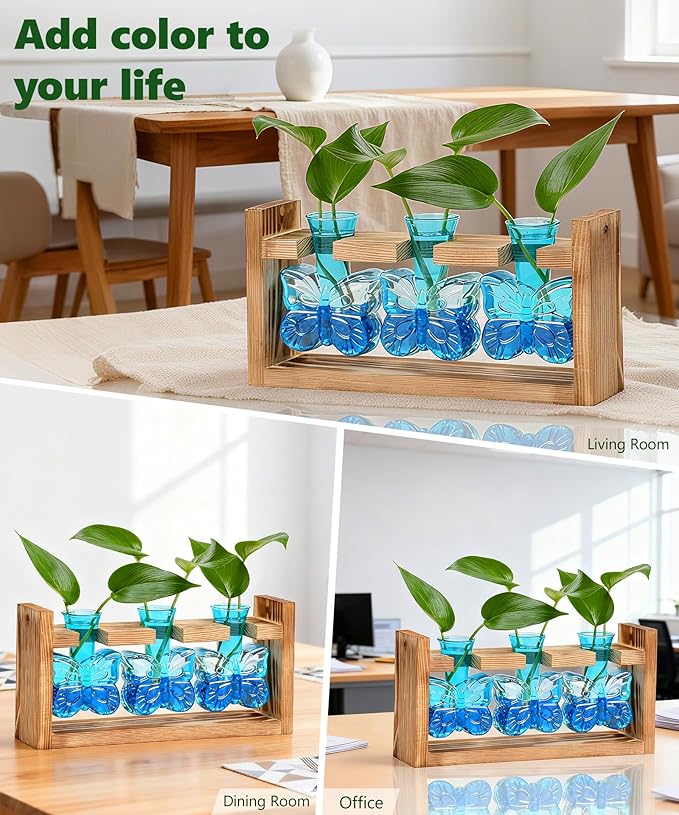 Nacome Butterfly Vase Propagation Stations: Glass Plant Terrarium with Wooden Stand for Home Office Desk Decor, Unique Gifts for Plant Lovers Women Mom (Blue)