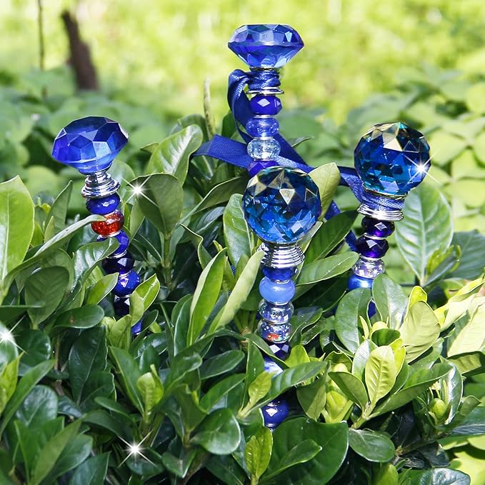 119 Pcs Garden Stake Diy Fairy Wand Plant Stake with Dark Blue Large Hole Beads Crystal Diamond Stopper Top 4 Stainless Steel Threaded Rod Beaded Garden Stakes For Outdoor Indoor Plant Pot Decorations
