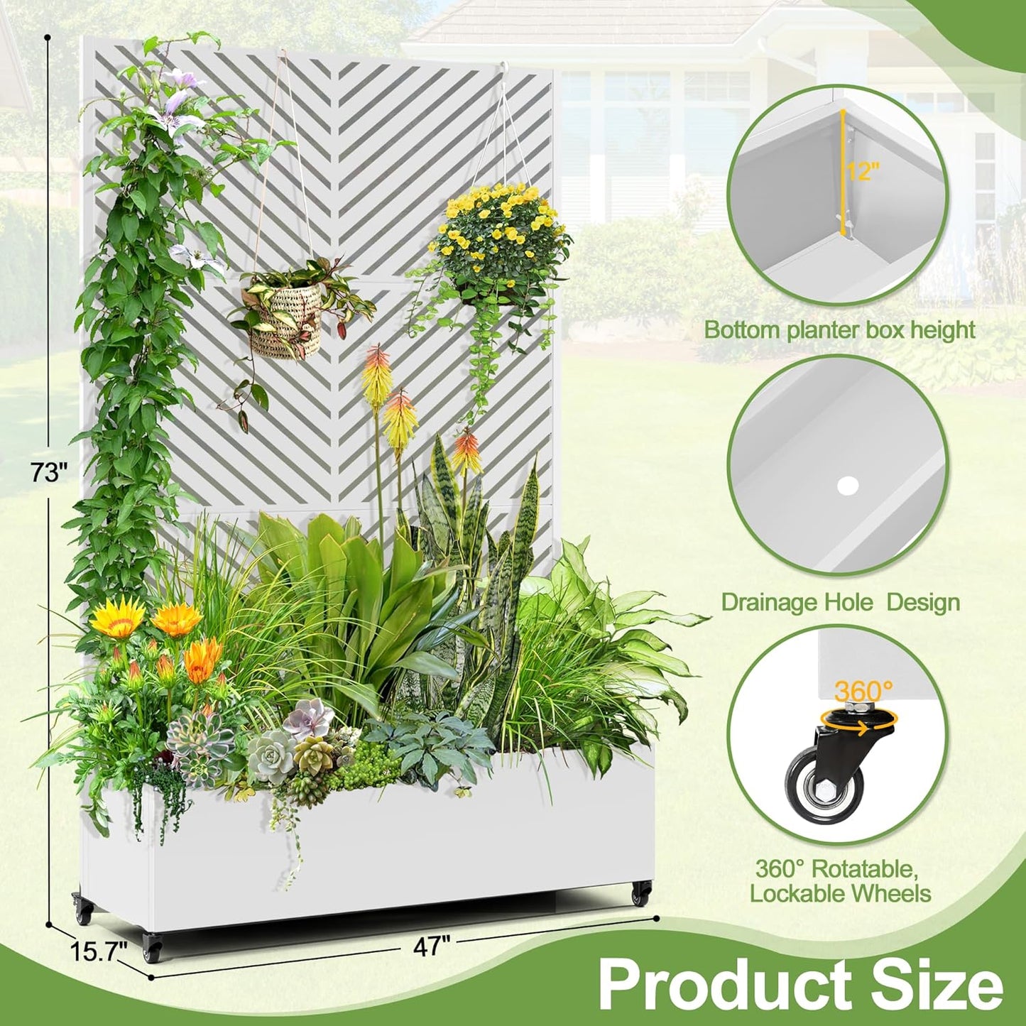 Raised Garden Bed with Trellis and Wheels,73"x47"x16" Metal Raised Garden Bed,White Parallel Metal Planter with Climbing Trellis for Vines & Vegetables