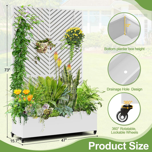 Raised Garden Bed with Trellis and Wheels,73"x47"x16" Metal Raised Garden Bed,White Parallel Metal Planter with Climbing Trellis for Vines & Vegetables