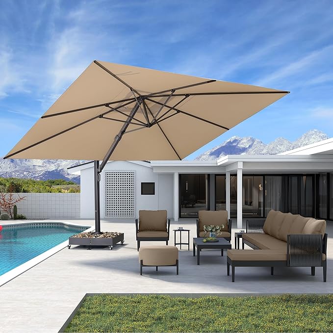 PURPLE LEAF 11' X 15' Rectangle Patio Umbrella Large Outdoor Aluminum Offset Umbrella with 360-degree Rotation Cantilever Umbrella for Garden Deck Backyard Pool Beige