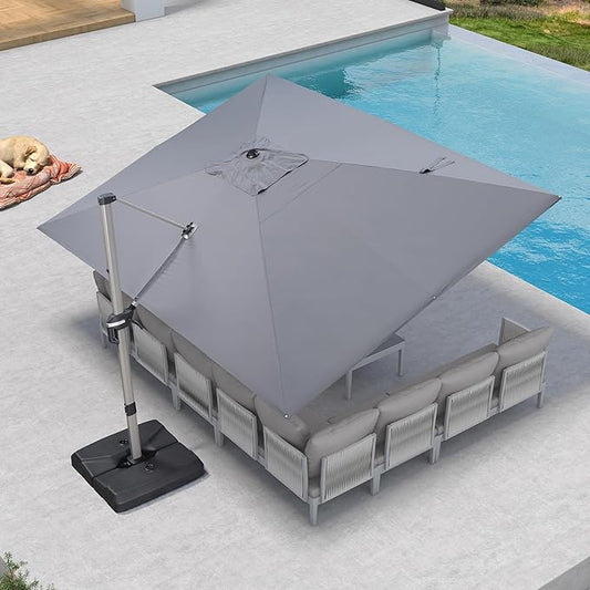 PURPLE LEAF 10' X 13' Patio Umbrella, Rectangle Outdoor Cantilever Umbrella, Aluminum Offset Umbrella with Champagne Frame and 360° Rotation for Pool Deck Garden, Light Grey