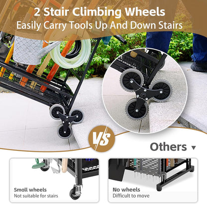 Lauren&Harold Garden Tool Organizer for Garage, Yard Tools Storage Rack with 2 Stair-Climbing Wheels, Gardening Tool Storage Holder for Garage, Yard, Lawn and Outdoor, Garden Tool Rolling Cart