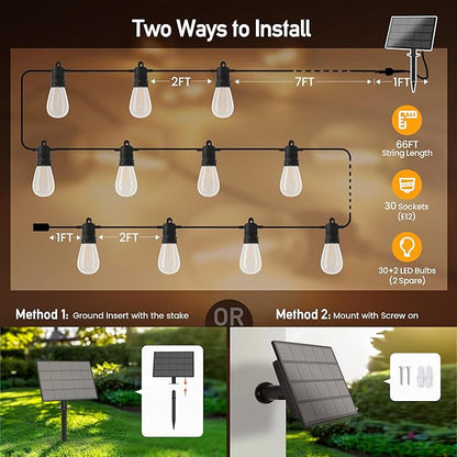 Solar String Lights Outdoor Waterproof 66 FT 30 Sockets 32 LEDs Patio Lighting, USB Charge & Remote Controlled Dimmer Timer, Solar Outdoor Lights for Patio Yard Outside Camping Party 2700K