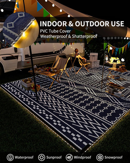 Outdoor Rug Carpet Waterproof 8x10 ft with LED Strip Lights-Patio Rug Mat Indoor Outdoor Rug for RV Camping Picnic Reversible Lightweight Plastic Straw Outside Rug for Patio Decor Decoration Boho Rug