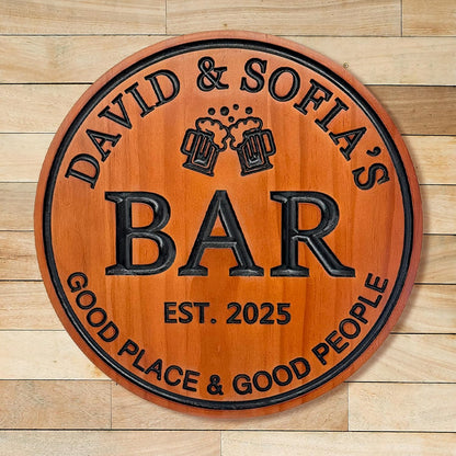 Personalized Wood Bar Sign Custom Carved Name Sign for Couples Home Bar Decor Wooden Wall Art Anniversary Wedding Gift Housewarming Gift Man Cave Decor