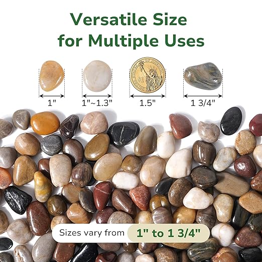 GreatBuddy 15-lb River Rocks, Decorative Rocks for Indoor Plants, 1-1 3/4 Inches Natural Polished Pebbles for Aquarium, Vases, Potted Plants, Garden Landscaping Outdoor, Mixed Color Stones
