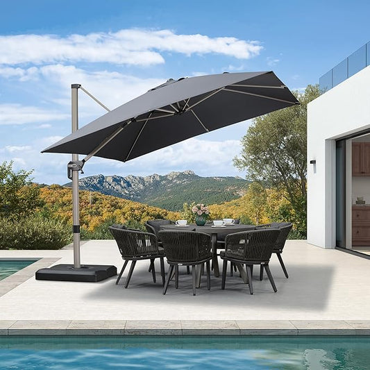 PURPLE LEAF 10' X 10' Patio Umbrella Outdoor Cantilever Umbrella, Aluminum Offset Umbrella with Champagne Frame and 360° Rotation for Pool Deck Garden, Grey