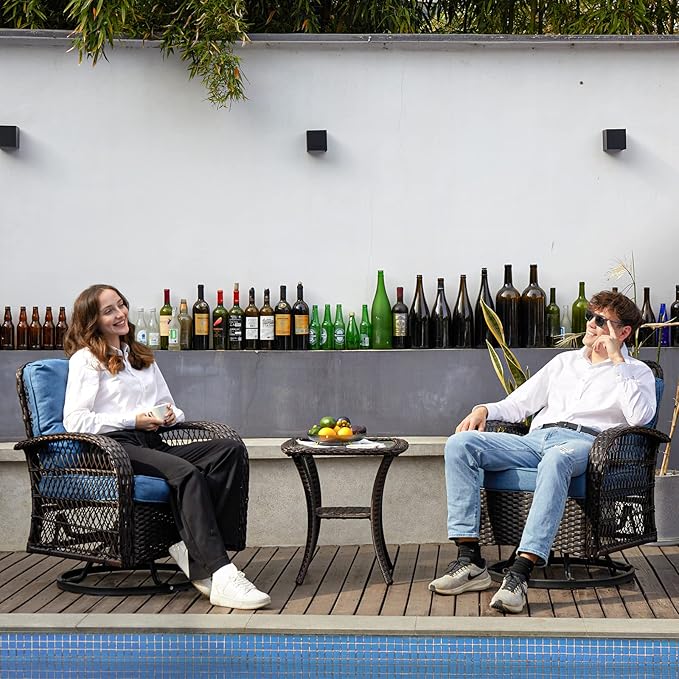 3 Pieces Patio Furniture Set, Outdoor Swivel Glider Rocker, Wicker Patio Bistro Set with Rocking Chair, Thickened Cushions and Table for Porch (Blue)