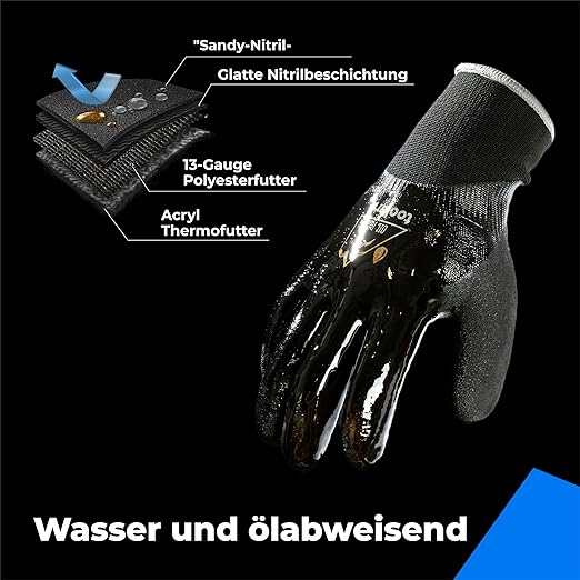 Waterproof Gloves Bulk Pack for Men and Women, 3 Pairs, Freezer Gloves with Grip, Double Nitrile Dipped for Extreme Oil Repellent, for Construction, Mechanics, Mining, Plumbing, Black, Medium