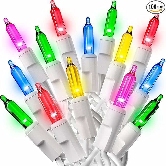 PREXTEX 50 Ct. Multi-Color Christmas Tree Lights with White Wire - 10 Ft Holiday String Lights for Indoor and Outdoor Use - Multicolor Twinkle Christmas Tree Decoration with End-to-End Connectors