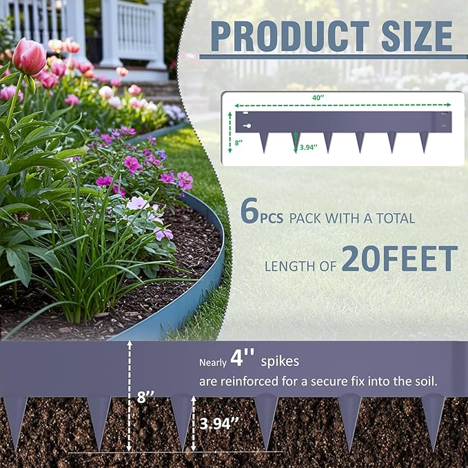 6 Pack Metal Landscape Edging- 40" L x 8" H (20ft Total) Lawn Edging, Garden Border Edging, Metal Edging for Landscaping with Gloves (Gray-Blue)