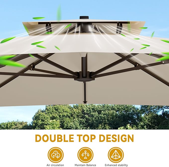 10x13 FT Cantilever Patio Umbrella Double Top Outdoor Rectangular Large Heavy Duty Aluminum Offset Umbrellas with 7 Level Tilt 360-degree Rotation for Pool Garden Deck, Beige