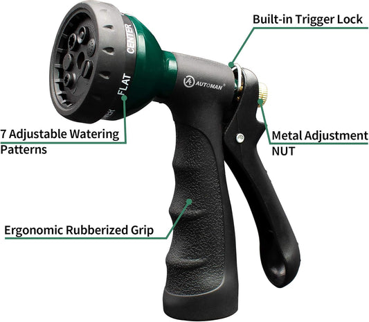 AUTOMAN-Garden-Hose-Nozzle, Metal Water Spray Nozzle with Heavy Duty 7 Adjustable Watering Patterns,Slip Resistant for Watering Plants,Lawn& Garden,Washing Cars,Cleaning,Showering Pets & Outdoor Fun.