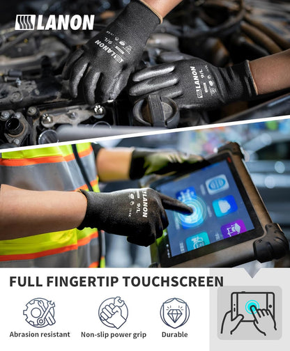 LANON Safety Work Gloves for Men and Women, 18 Pairs Mechanic Black Working Gloves with Grip Odorless PU Coated, Seamless Knit, Full Fingertip Touchscreen for Light Duty Working Gloves, X-Large