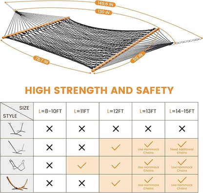 Lazy Daze Hammocks Double Rope Hammock, 2 Person Traditional Outdoor Hand Woven Cotton Rope Hammock with Spreader Bar, Chains, Tree Straps for Patio Yard - Max 450 Lbs, Dark Grey