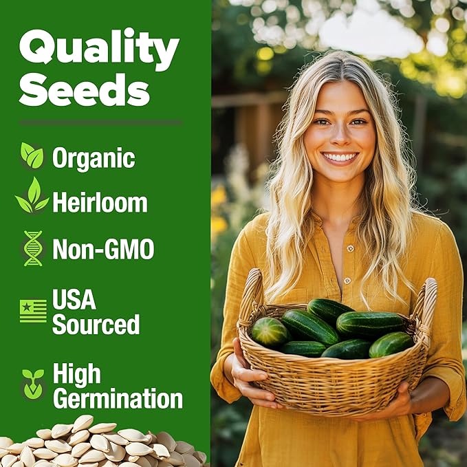 HOME GROWN 𝗨𝗦𝗔 𝗣𝗥𝗘𝗠𝗜𝗨𝗠 Organic Cucumber Seeds - 200 Marketmore Heirloom 𝗡𝗢𝗡-𝗚𝗠𝗢 Vegetable Seeds for Planting in Trellises, Raised Beds, Containers (Cucumis sativus)
