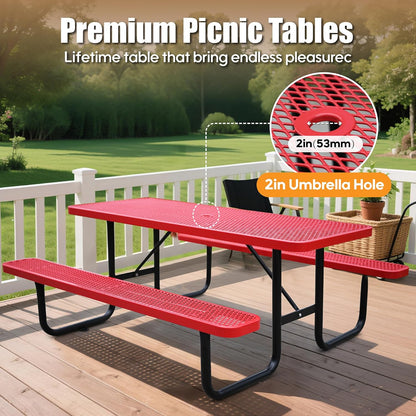 6FT Metal Picnic Tables for Outdoors, Commercial Rectangular Picnic Table and Bench Set for Outside, Patio, Garden, Backyard, Porch, Surface Mount, Red