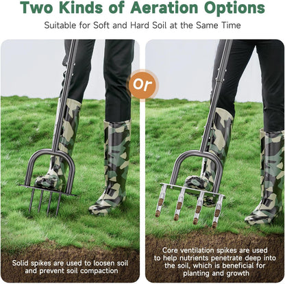 2-in-1 Lawn Aerator, Core Aerator Lawn Tool, Lawn Spike Aerator, Hand Aerator Lawn Tool with Replaceable Hollow and Solid Tines, Garden Tool Solve Soil Compaction for Garden Grass and Yard