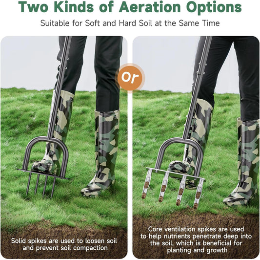 2-in-1 Lawn Aerator, Core Aerator Lawn Tool, Lawn Spike Aerator, Hand Aerator Lawn Tool with Replaceable Hollow and Solid Tines, Garden Tool Solve Soil Compaction for Garden Grass and Yard