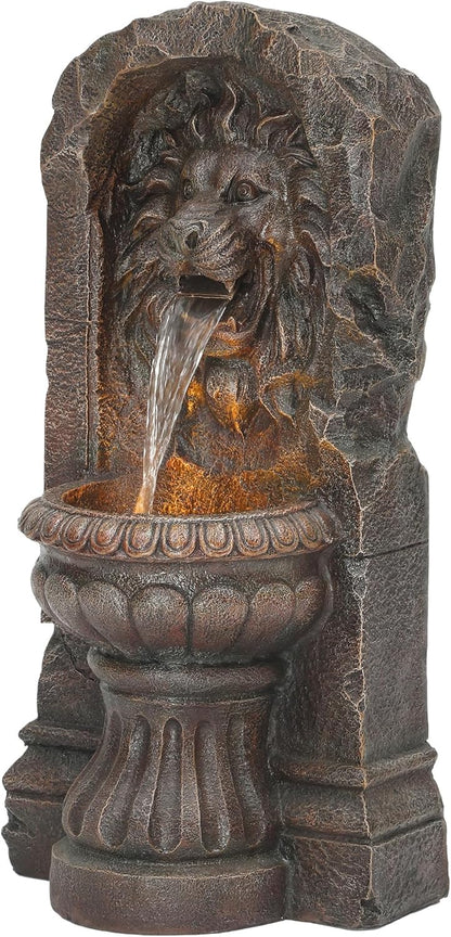 30" Lion Head Outdoor Water Fountain with LED Lights, 2-Tier Resin Garden Fountain, Tranquil Cascading Waterfall for Patio Yard Deck or Porch, Faux Bronze Finish, Weather-Resistant