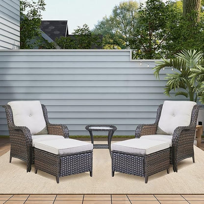 Rilyson Wicker Patio Furniture Set - 5 Piece Rattan Outdoor Sectional Conversation Sets with 2 Chairs,2 Ottomans and 1 Side Table for Porch Deck Garden(Brown/Beige)