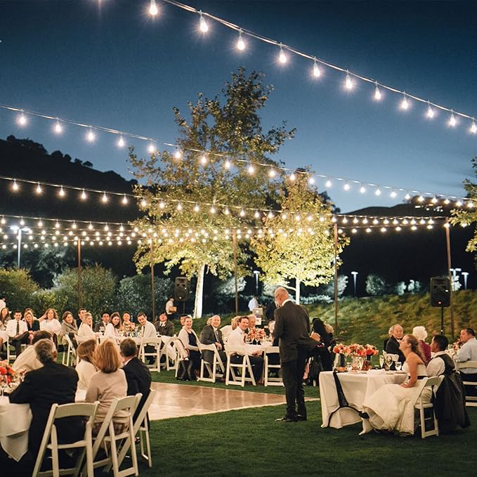 Mlambert 3-Color in 1 Dimmable Solar String Lights Outdoor, 48FT Patio String Lights with Remote and 15+3 Waterproof LED Bulbs for Bistro-White Cord