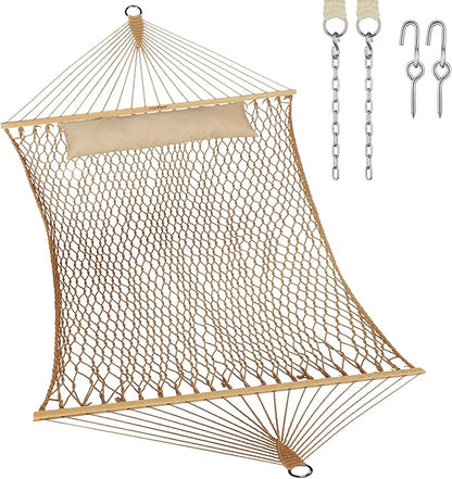 JoyView Traditional Rope Double Hammock - Hand Woven Cotton Hammock with Hardwood Spreader Bar and Pillow 450lb Capacity for Outdoor Indoor Patio Yard - Brown