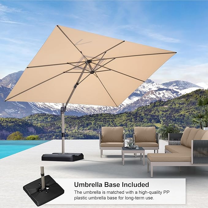 PURPLE LEAF 9' x 11' Patio Umbrella with Base Cantilever Umbrella Rectangular Outdoor Offset Umbrella with Champagne Frame and 360° Rotation for Garden Deck Pool, Beige