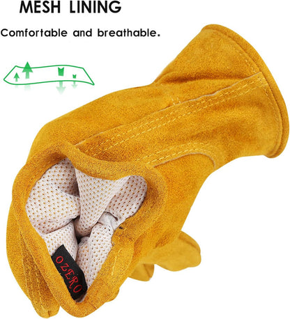 OZERO Leather Work Gloves Flex Grip Tough Cowhide Gardening Glove for Men and Women (Large, Gold With Mesh Linning)