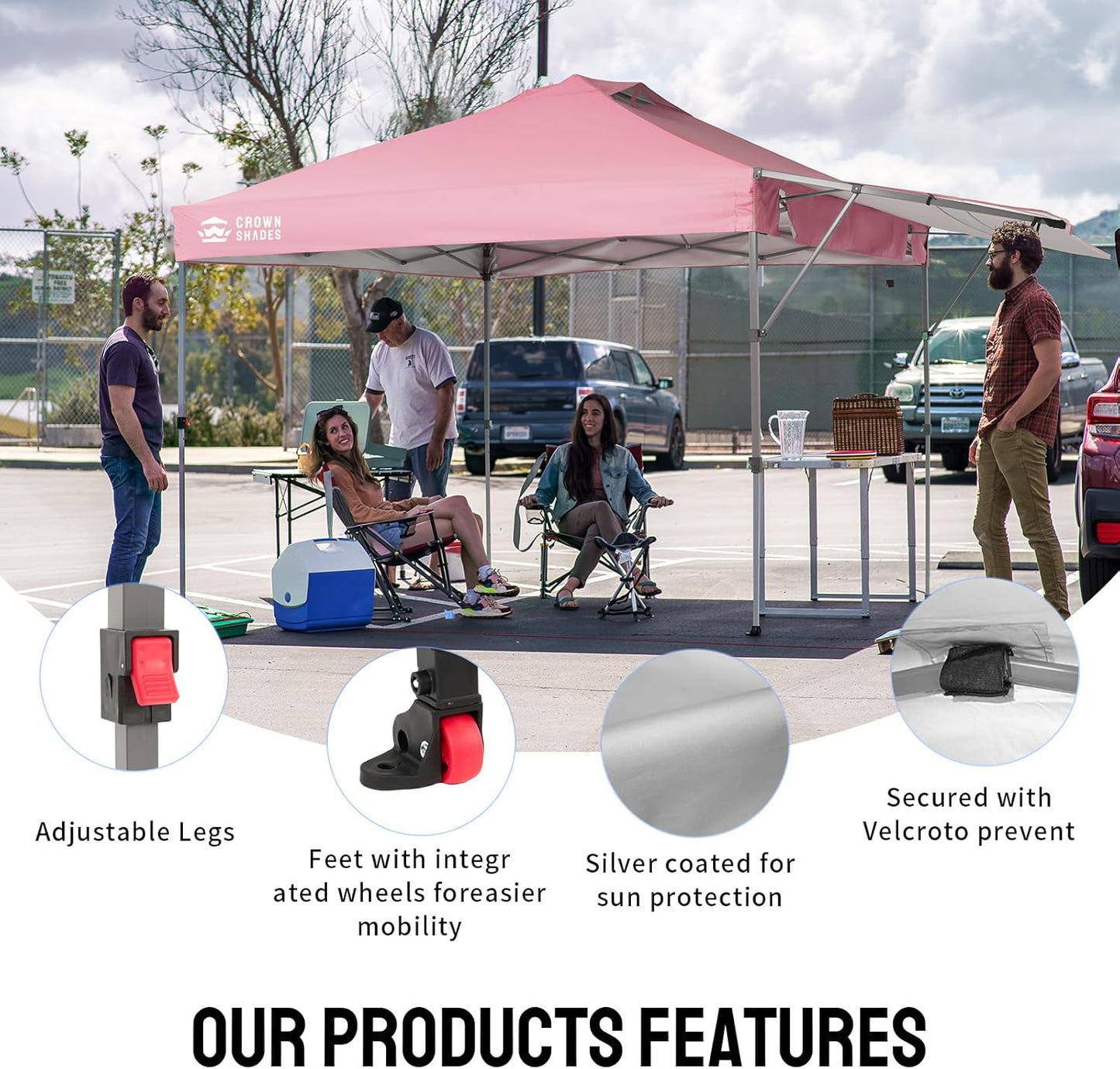 CROWN SHADES 10x10 Pop up Canopy Tent, Instant Commercial Canopy with Extend Awning, Patended Centerlock, 150D Silver Coated Fabric, 4 Ropes, 8 Stakes, 4 Weight Bags, STO 'N Go Bag, Pink