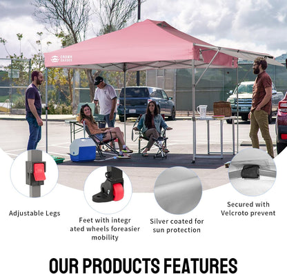 CROWN SHADES 10x10 Pop up Canopy Tent, Instant Commercial Canopy with Extend Awning, Patended Centerlock, 150D Silver Coated Fabric, 4 Ropes, 8 Stakes, 4 Weight Bags, STO 'N Go Bag, Pink