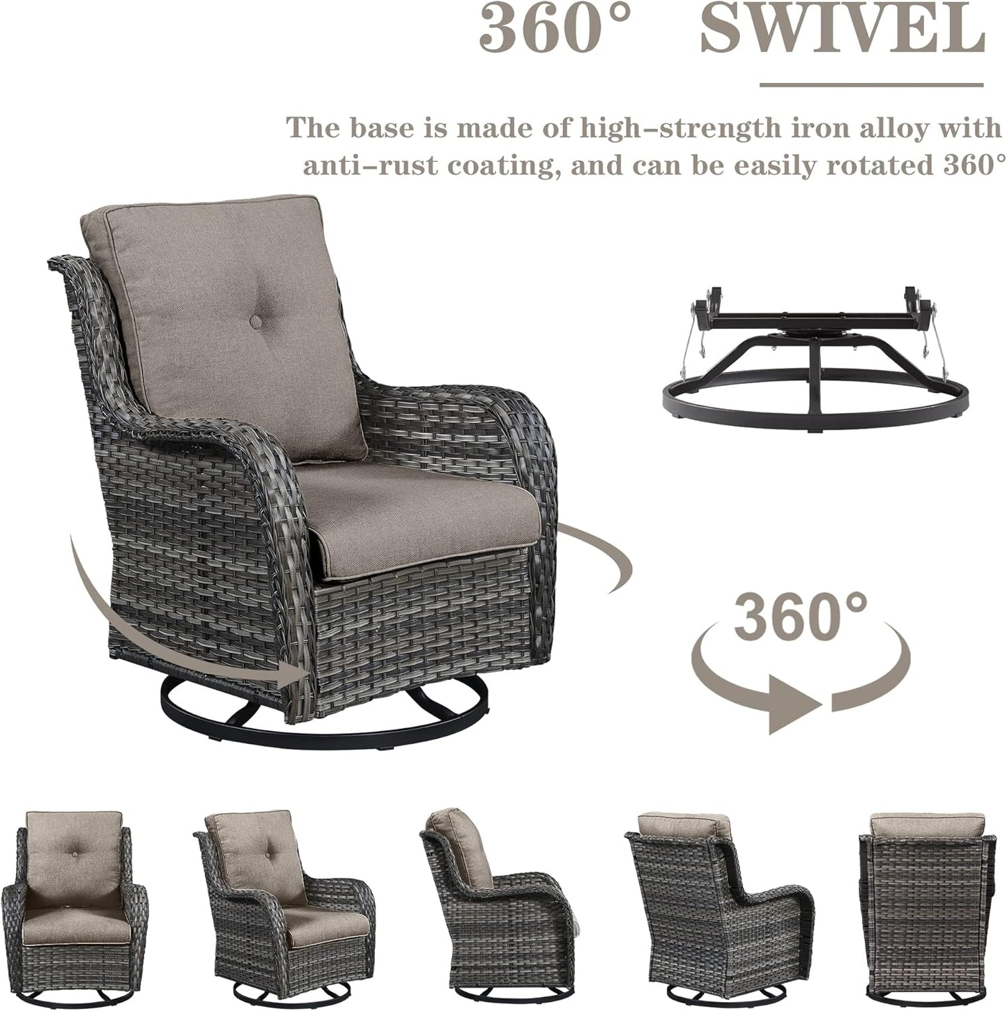 Outdoor Sectional Furniture Sofa Set with Propane Fire Pit Table, Wicker Patio Conversation Set with 2 Swivel Rocker Glider Chairs Grey Cushion Perfect for Backyard Casual Gathering