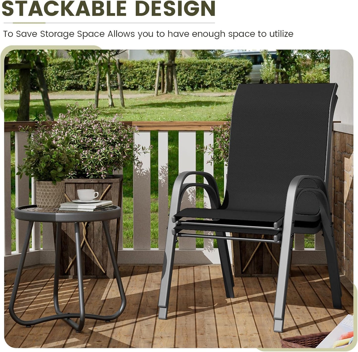 UDPATIO Patio Chairs Set of 2, Stackable Outdoor Dining Chairs with High Back, Breathable Textilene Fabric Outdoor Chair All Weather, 350LBS Capacity for Garden, Backyard (Black)
