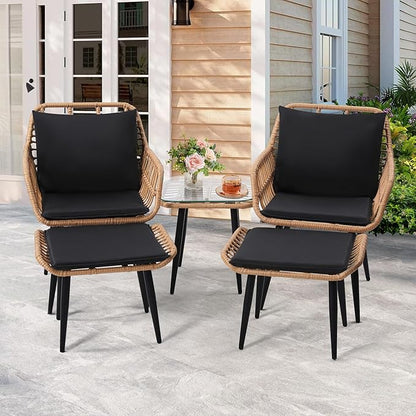 5 Piece Wicker Bistro Patio Conversation Furniture Set, Includes 2 Chairs, 2 Ottomans, and Side Table, Ideal for Porch, Balcony, Deck, Backyard, Natural