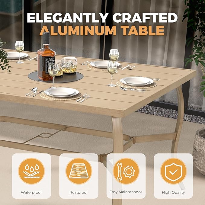 HAPPATIO 7 Piece Patio Dining Set, Aluminum Outdoor Dining Set for 6, Aluminum Dining Table and Chairs Set, Patio Furniture with Table, Chairs and Washable Cushions (Beige)