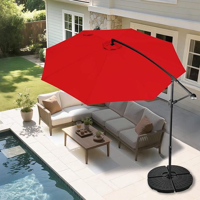 FLAME&SHADE 10ft Cantilever Patio Umbrella Outdoor, Large Offset Umbrella with Crank and Cross Base, UPF 50+ UV Protection Hanging Umbrella for Pool Deck Garden, Red
