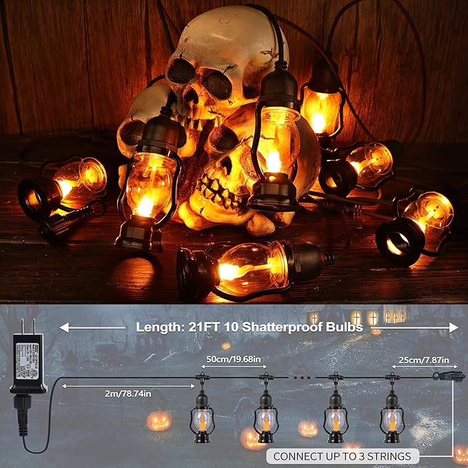 Christmas Flame String Lights , 21FT Indoor Outdoor String Lights with 10 Flickering Flame Bulb, Timer, Waterproof LED Outdoor Decorative Orange Lights for Patio, Yard, Bistro, Porch, Garden Decor