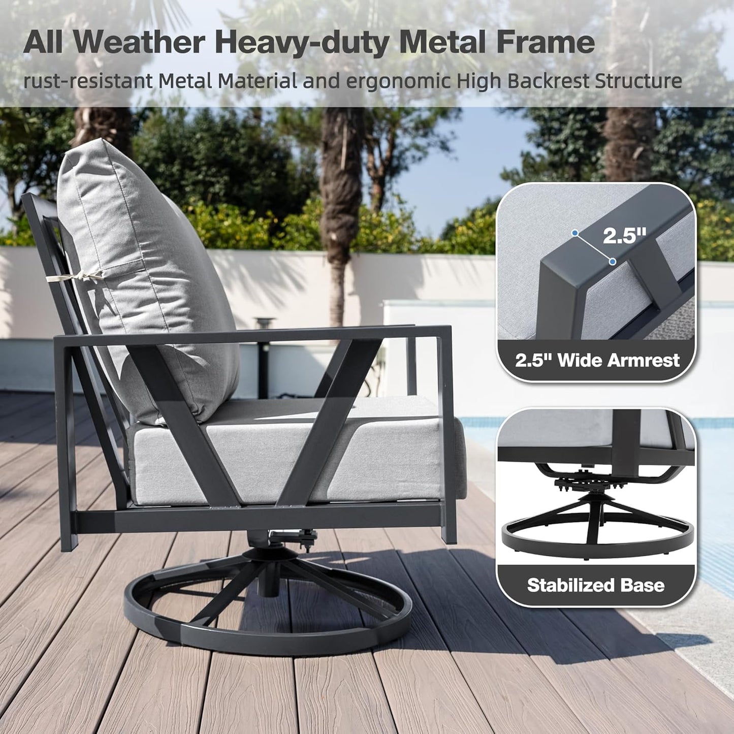 Outdoor Patio Swivel Rocking Chairs Set, Front Porch Furniture with 6" Thick Cushions, 3 Pieces Outdoor Bistro Set with Coffee Table, 350lbs, Light Grey