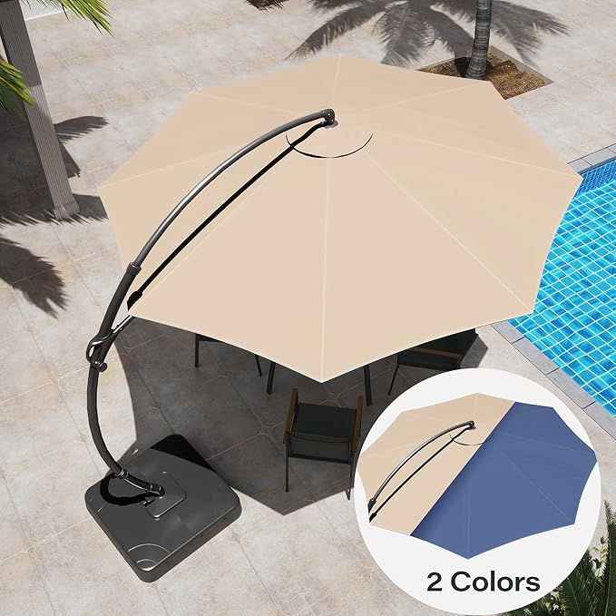 LAUSAINT HOME Beige Patio Umbrella with an Additional Navy Blue Replacement Canopy, 12 FT Deluxe Curvy Cantilever Umbrella Heavy Duty Offset Hanging Outdoor Umbrella with Base,