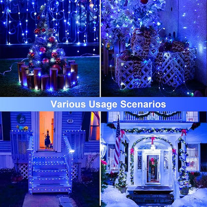 JMEXSUSS 2 Pack Blue and White Solar Christmas Lights, Each 33FT 100 LED Solar String Lights Outdoor Waterproof, 8 Modes Mini Fairy Lights for Outside Yard Patio Christmas Decorations
