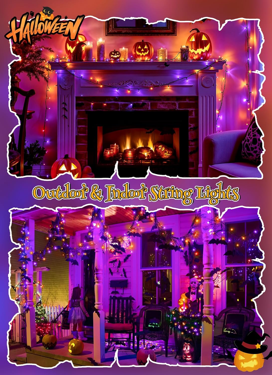 Brightown 4 Pack Solar Halloween String Lights, Total 184FT 480 LED Solar Lights Outdoor Waterproof Black Wire with 8 Modes, Solar Fairy Light for Garden Yard Patio Party Decors, Orange and Purple