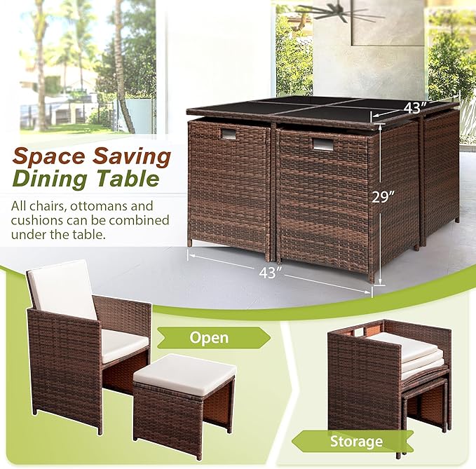 Devoko 9 Pieces Patio Dining Sets Outdoor Space Saving Rattan Chairs with Glass Table Patio Furniture Sets Cushioned Seating and Back Sectional Conversation Set (Beige)