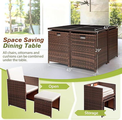 Devoko 9 Pieces Patio Dining Sets Outdoor Space Saving Rattan Chairs with Glass Table Patio Furniture Sets Cushioned Seating and Back Sectional Conversation Set (Beige)